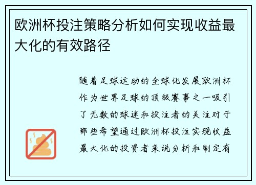 欧洲杯投注策略分析如何实现收益最大化的有效路径