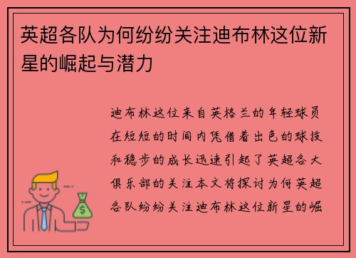 英超各队为何纷纷关注迪布林这位新星的崛起与潜力